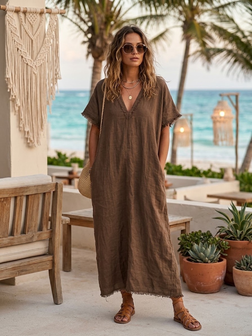 Zara Brown Frayed-Edge V-Neck Maxi Dress